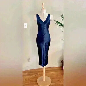 Babaton Midnight Blue Satin Midi Slip Dress with Front Slit | 2XS | V Neck